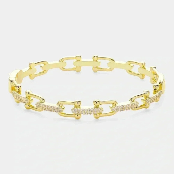 Equestrian Gold & Pave Horseshoe Buckle Hinged Bangle Bracelet - Picture 1 of 8